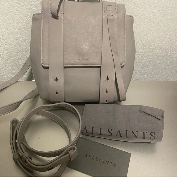 NWT ALLSAINTS Fin Leather Mini Convertible Backpack/Crossbody in Natural Grey main image 8